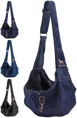 Noah & Paw Dog Sling Carrier for Small Dogs 5-18lb, Dog Sling for Small Dogs and Cats, Dog Carrier with Adjustable Padded Strap, Premium Denim, Lined with Fur, Double Safety Feature, Machine Washable