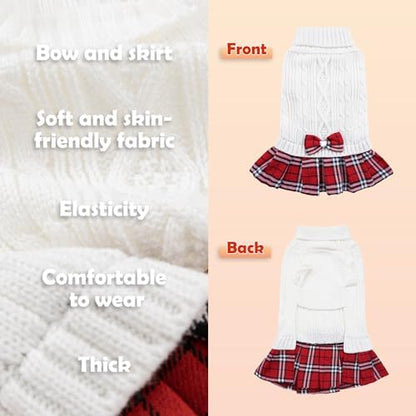 YUDODO Small Dog Sweater Dress with Bowtie Turtleneck - Knitted Pet Clothes