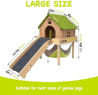 BESNEW 3 in 1 Enlarged Guinea Pig Hammock,Wooden Guinea Pig Hideout with House & Platform & Stairs Small Animal Toys for Hiding Sleeping Activities