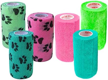 6 Pack Premium Vet Wrap - Self Adhesive Bandage Wrap & Athletic Tape - 4" x 5 Yards Elastic & Self-Sticking Cohesive Bandage for Pets, Sports, Wrists & Ankles - Paw Patterns by Prairie Horse Supply