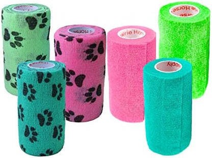 6 Pack Premium Vet Wrap - Self Adhesive Bandage Wrap & Athletic Tape - 4" x 5 Yards Elastic & Self-Sticking Cohesive Bandage for Pets, Sports, Wrists & Ankles - Paw Patterns by Prairie Horse Supply