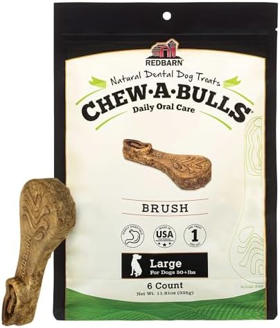 Redbarn Chew-A-Bulls, 6 Pack – Large Brush Shape Dog Dental Treats – Daily Oral Care with Fun Ridges & Grooves, All Natural Ingredients, Highly Digestible Chews & Low in Fat