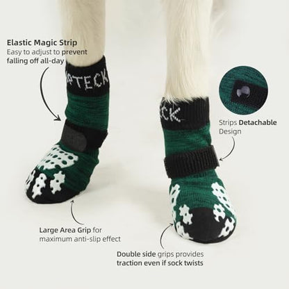 PUPTECK Anti-Slip Dog Socks with Double Sides Grips for Small Medium Large Dogs Hardwood Floors Prevents Licking, Dog Shoes for Hot Pavement Traction Control for Senior Dogs, Dark Green, L
