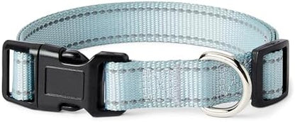 Amazon Basics Reflective & Adjustable Dog Collar, Woven Polyester, Durable, Fast-Drying, High-Viz Reflective Threads, Quick-Release Buckle, Metal D-Ring, Size M, Blue