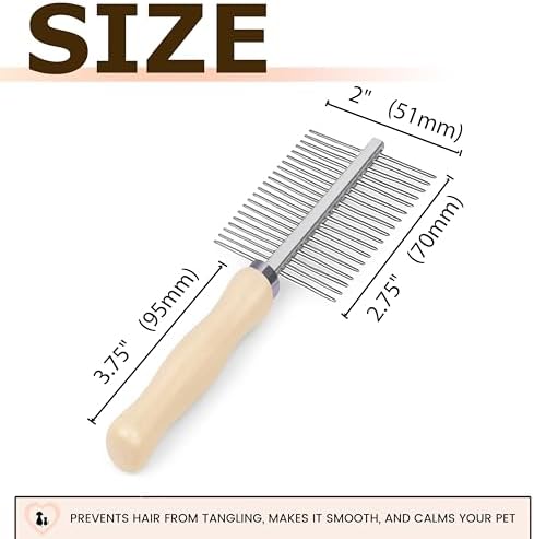 Double Row Undercoat Rake for Dogs & Cats - Wooden Handle Metal Dog Comb, Pet Grooming Dog Rake for Deshedding & Detangling