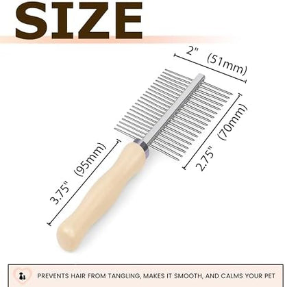 Double Row Undercoat Rake for Dogs & Cats - Wooden Handle Metal Dog Comb, Pet Grooming Dog Rake for Deshedding & Detangling