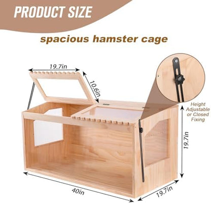 Wooden Hamster Cage,40"x20"Large Hamster Cage,2 Washable Liners & 2 Adjustable Ventilation Window. Small Animal Cage for Dwarf Syrian Hamsters Degus Mice & Other Small Pets.