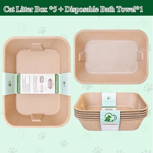 Disposable Cat Litter Box (5-Pack with 1-Towel) Eco Friendly 100% Recycled Paper Cat Tray,16.14 X11.81X3.94 Inch (Brown)