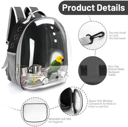 Bird Backpack Carrier, Travel Bird Cage for Small Medium Size Parrot Parakeet Budgies Cockatiel, Portable Clear Bubble Window Bag with Stainless Steel Tray Food Bowl Standing Perch (Black)