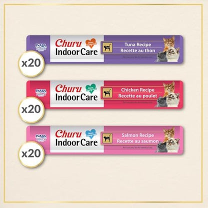 INABA Churu Indoor Care for Hairball Control, Functional Lickable Cat Treat with Taurine & Green Tea Extract, 0.5oz Each, 60 Tubes Total, Chicken & Seafood Variety