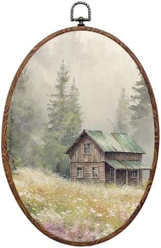 Rustic Cottage Wildflower Oval Framed Wall Art, Nature Landscape Canvas Art Wall Decor，Cottagecore Hanging Decor Painting Artwork for Home Bedroom Farmhouse Living Room Office Decorations 8.3x12inch