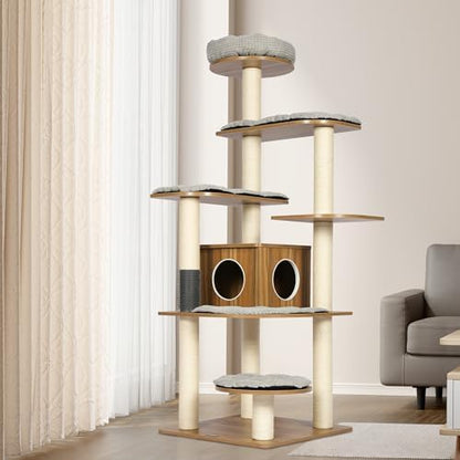 Tall Wooden Cat Tree, 69.3 Inch Modern Cat Tower for Indoor Cats, Multi-Level Cat Condo with 5 Scratching Posts, Perch, Cat Furniture for Big Cats, Rustic Brown