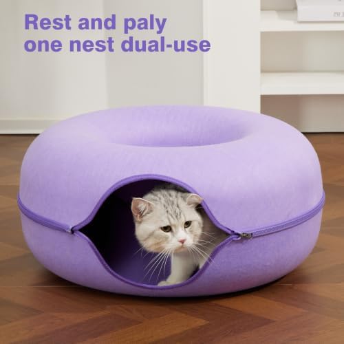 Cat Tunnel Bed for Indoor Cats with 3 Toys, Scratch Resistant Detachable and Washable Large Donut Cat Bed, Available in All Seasons (Purple, L(24x24x11))