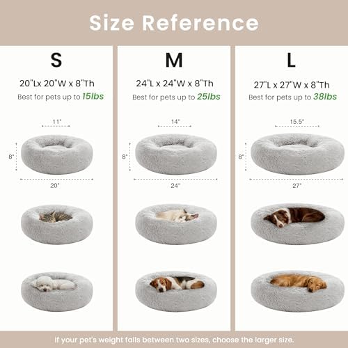 Love's cabin Calming Cat Bed for Indoor Cats, Anti-Anxiety Donut Round Dog Bed,Fluffy Faux Fur Washable Pet Bed for Small Medium Dogs and Cats, Grey, 24in