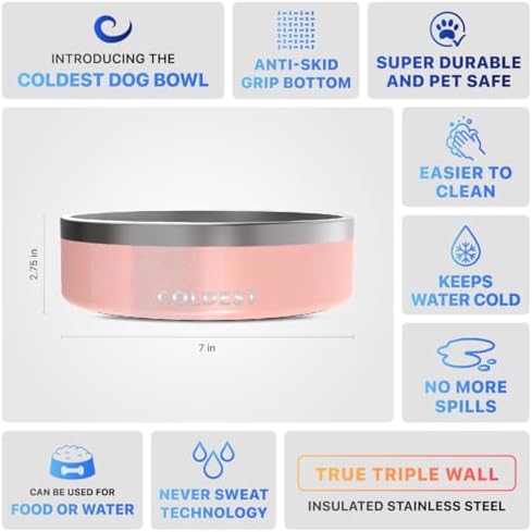 Coldest Dog Bowl - Anti Rust Metal, Non Slip, 3 Layers Insulated Stainless Steel Dog Bowls - Spill Proof & Heavy Duty - Water Bowl for Dogs, Cats & Pets, Dish Washer Safe (42 oz, Forever Pink Glitter)