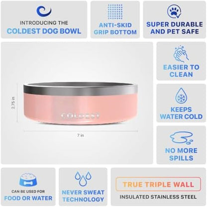 Coldest Dog Bowl - Anti Rust Metal, Non Slip, 3 Layers Insulated Stainless Steel Dog Bowls - Spill Proof & Heavy Duty - Water Bowl for Dogs, Cats & Pets, Dish Washer Safe (42 oz, Forever Pink Glitter)