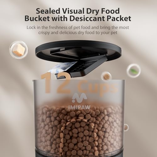 IMIPAW Automatic Cat Feeder, 5G WiFi Food Dispenser with APP Remote Control, Pet Dry Food Smart Feeder, Programmable Timed Feeding, Dual Power Supply, 1-10 Meals, Desiccant Bag, Stainless Steel Bowl
