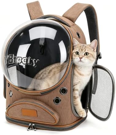 Cat Backpack Carrier, Breathable Cat Carrier Large Space Bubble Pet Backpack for Small Dog and Large cat up to 18lbs, Transparent & Foldable Pet Carrier for Travel Hiking (Brown)