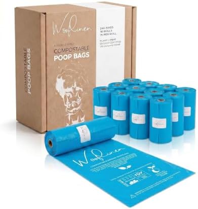 Wooflinen Certified Home Compostable Dog Poop Bags – Leak-Proof Rolls – Large 9x13”, Durable, Easy Tear – Made from Corn Starch + PBAT Blend – For Big & Small Dogs – 240 Bags (16 Rolls)