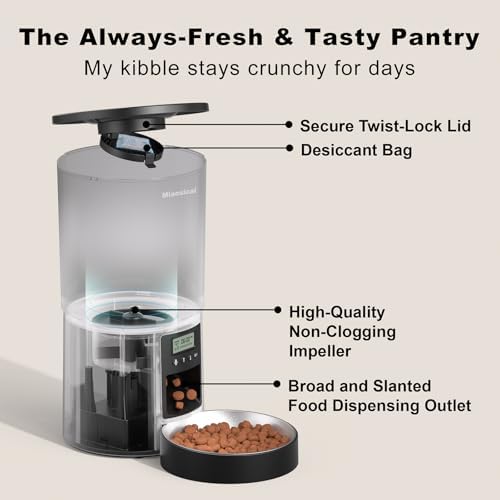 Automated Cat Feeder,Clear 4.2L Dry Food Dispenser with Single Bowl,Programmable Timed Pet Feeder for Up to 6 Daily Meals,10-Second Voice Message & Dual Power Backup (Black, 4.2L Press Version)