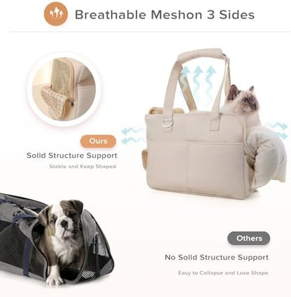 JourCraf Dog Purse Carrier for Small Dogs & Puppies Up 10 Lbs, Soft Cotton Tote Pet Shoulder Bag with Pockets, Foldable & Washable Breathable Puppy Carrier for Yorkie, Chihuahua & Cats - Beige
