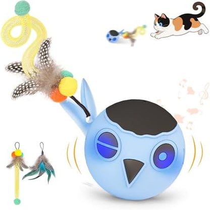 Cat Ball Toy, Upgraded Smart Motion Sensor Moving Ball with 3 Speed Modes & 4 Sounds, Interactive Toy for Indoor Cats, Motion Activated, Chirping Light, 2 Feather Tails(Blue)