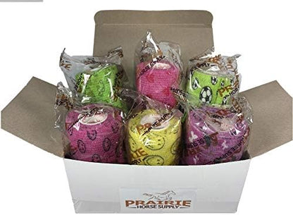 6 Pack Premium Vet Wrap - Self Adhesive Bandage Wrap & Athletic Tape - 4" x 5 Yards Elastic & Self-Sticking Cohesive Bandage for Pets, Sports, Wrists & Ankles - Patterns by Prairie Horse Supply