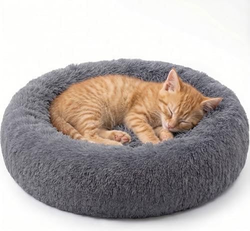 SAVFOX 20 inches Calming Donut Dog Bed - 3X Durable Plush Faux Fur, Machine Washable & Non-Slip, Fits up to 15 lbs, Dark Grey
