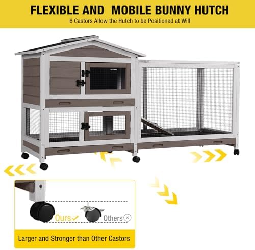 Aivituvin Rabbit Hutch 62" Rabbit Cage Indoor Outdoor Chicken Coop Guinea Pig Cage on Wheels Bunny Cage with 3 Deep No Leakage Pull Out Tray,Waterproof Roof (Brown)