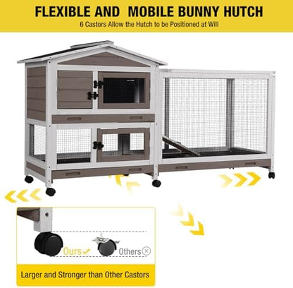 Aivituvin Rabbit Hutch 62" Rabbit Cage Indoor Outdoor Chicken Coop Guinea Pig Cage on Wheels Bunny Cage with 3 Deep No Leakage Pull Out Tray,Waterproof Roof (Brown)