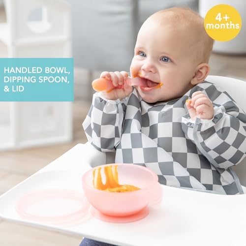 Bumkins Feeding Set with Suction, Includes Spoon and Lid, Training Essentials for Baby-Led Weaning, Toddler Self-Feeding, Babies Eating at 4 Mos Up, Pink Jelly