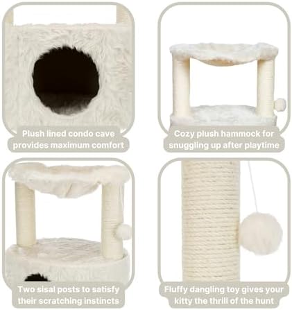 TRIXIE Baza Grande Cat Scratching Post 23,6 Inch - with Durable Sisal Rope and with Fluffy Hammock, Dangling Cat Toy & Cuddly Cat Cave - in Cream