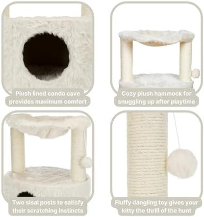TRIXIE Baza Grande Cat Scratching Post 23,6 Inch - with Durable Sisal Rope and with Fluffy Hammock, Dangling Cat Toy & Cuddly Cat Cave - in Cream