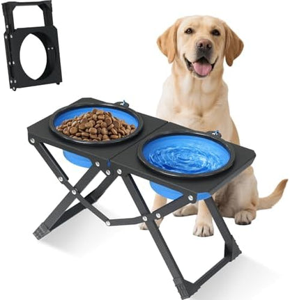 Foldable Elevated Dog Bowl Holder with 2 Large 50.7oz Folding Water Bowl, 10.2" Tall Raised Dog Bowl Stand for Medium/Large Breeds, Indoor and Outdoor Use