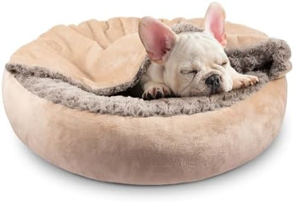 JOEJOY Dog Beds for Small Medium Dogs, Cozy Cuddler Luxury Puppy Pet Bed with Blanket Attached, Donut Round Calming Anti-Anxiety Dog Burrow Cave Bed - Anti-Slip Bottom and Machine Washable 26 inch