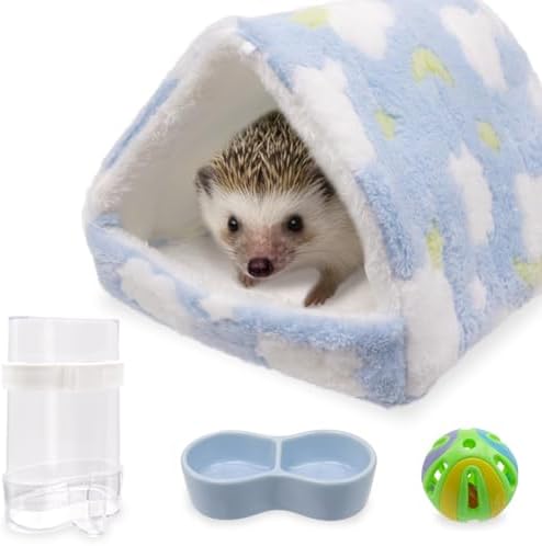 Hedgehog Bed Cave Nest Hideout Hedgehog Accessories Ball Toy Pet Water Dispenser and Pet Bowl, Washable Warm Small Animals House Cage Accessories for Hedgehogs Guinea Pigs Hamsters