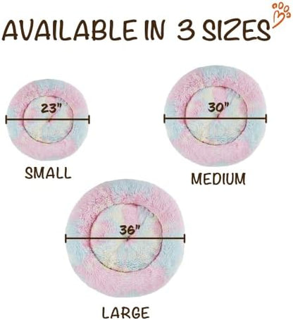Friends Forever Donut Dog Bed Faux Fur Fluffy Calming Sofa For Small Dogs, Soft & Plush Anti Anxiety Pet Couch For Dogs, Machine Washable Coco Pet Bed with Non-Slip Bottom, 23"x23"x6" Rainbow