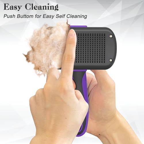 Dipoo Self Cleaning Cat & Dog Grooming Brush - Skin Friendly Deshedding Hair Brush for Haired Dogs & Puppies, Purple