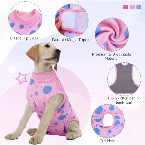 Kuoser Dog Surgery Suit, Soft Dog Spay Recovery Suit Female, Anti Licking Neuter Recovery Suit for Male Dogs, Post-Op Pet Surgical Suit Protective Wear E-Collar & Cone Alternative,Pink Polka Dots M