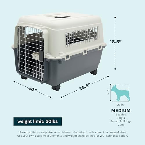 SportPet Airline Compliant MEDIUM 26.5" Travel Dog Kennel-Durable Plastic Airline Pet Carrier w/Removable Wheels & Food Bowls, Collapsible Indoor/Outdoor Dog Kennel, Dogs up to 23"L & 15"H-Cream/Gray