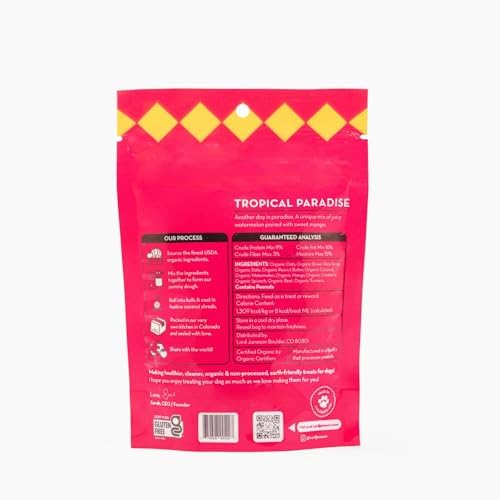 Lord Jameson Tropical Paradise Soft & Chewy Certified Organic Dog Treats for Small Breeds - Watermelon & Fiber-Packed Mango - No-Bake Recipe, Gluten & Preservative-Free - Made In USA - 3 oz