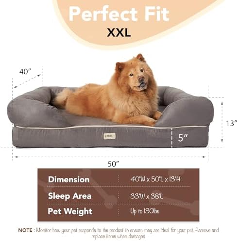 Friends Forever Orthopedic Dog Bed, Memory Foam Pet Sofa, Calming Dog Couch, Water Resistant Pet Bed, Washable Cover, Non-Slip Bottom, Chester, Grey, 50" x 40" x 13"