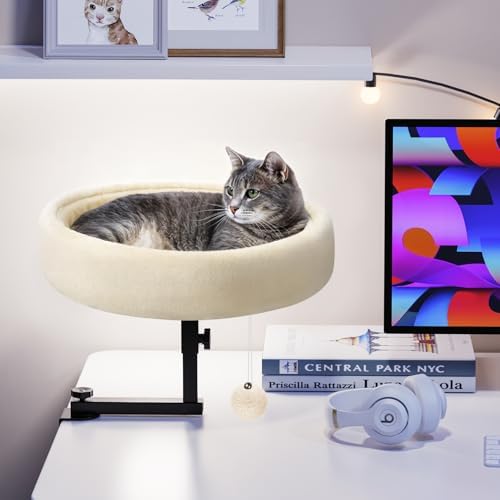 Chumajor Cat Desk Bed - 360° Rotating & Adjustable, Supports 50 lbs, Soft Faux Fur with Dual-Sided Reversible Mat, Modern Indoor Cat Nest Furniture for Office Desks and Game Tables, Island Table white