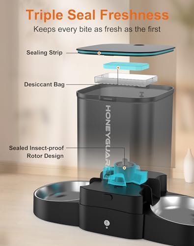 HoneyGuaridan Automatic Cat Feeder for 2 Cats, 2.4/5G WiFi Smart Feed Pet Feeder with Stainless Steel Bowl,APP Control Dispenser, Dual Power Supply,Desiccant Bag,10s Meal Call Black