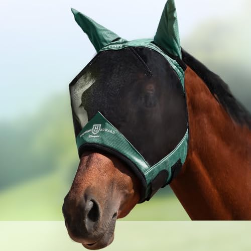 Harrison Howard Horse Fly Mask with Ears, Half Face Fly Mask for Horses, UV Protection, Large Eye Space Hunter Green S