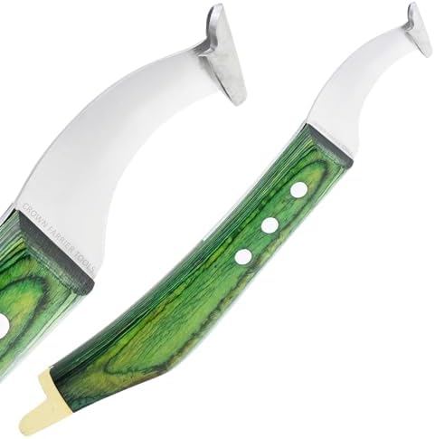 – Super Sharp Hoof Knife with Brass End | Precision-Sharpened Stainless Steel Blade & Wooden Handle | Pro Farrier Hoof Trimming Tool for Horses & Equine (Green, Left-Hand)