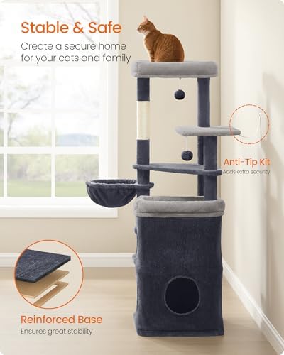 Feandrea Cat Tree Indoor, 60" Multiple-Level Plush Cat Tower, Dark Gray