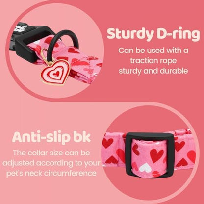 Dog Collars, Valentine's Pink Cute Love Heart Print Pet Collar Durable Adjustable Plastic Pendant Dog Collar for Small Dogs