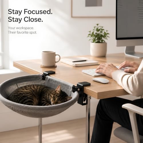 Desk Cat Bed Attachment with Sturdy Steel rame Holds Up to 40 lbs, Foldable 90° Space-Saving Design, Washable Covers for Summer & Winter, Rubber Grip & Easy No-Drill Setup