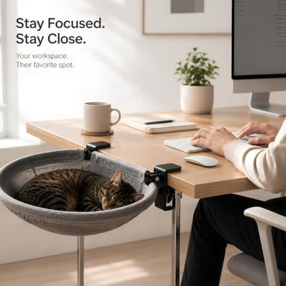 Desk Cat Bed Attachment with Sturdy Steel rame Holds Up to 40 lbs, Foldable 90° Space-Saving Design, Washable Covers for Summer & Winter, Rubber Grip & Easy No-Drill Setup